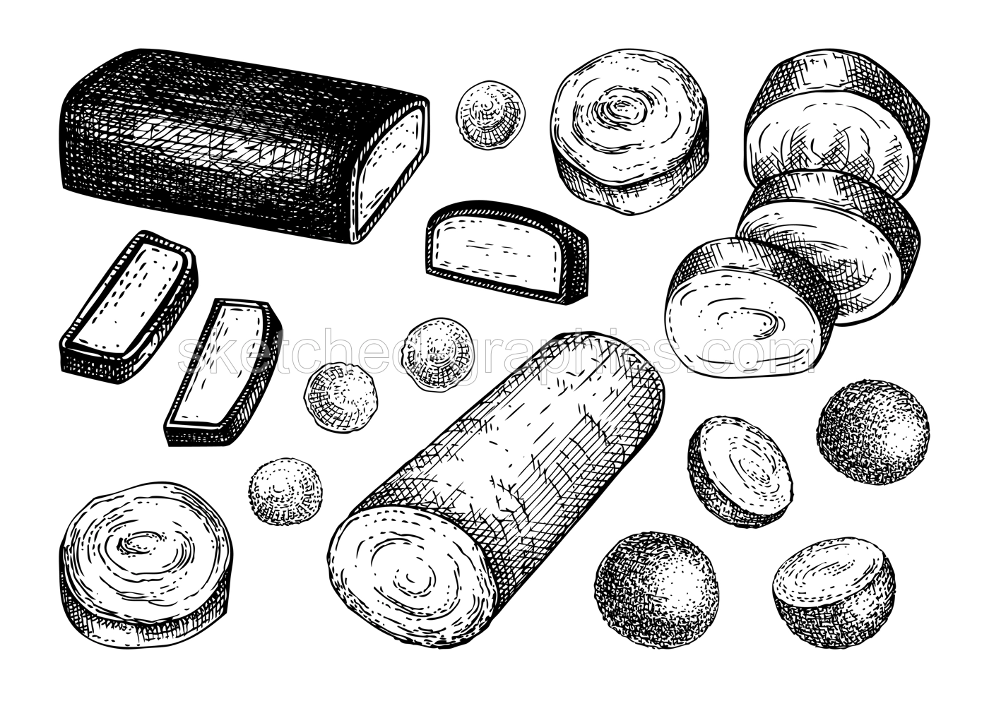 Marzipan sketches set. Hand drawn vector illustrations. Marzipan paste, almond paste, marzipan bar  in chocolate sketches. Sweet food, bakery ingredients, packaging design elements Illustration